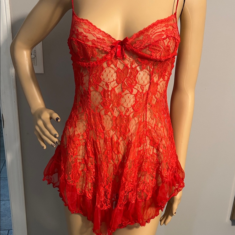 Red Lace Sheer Babydoll Chemise with Bow Accent
